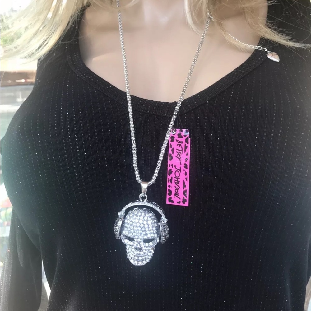 Betsey Johnson Silver Beats Skull Crystal Necklace - Picture 5 of 8